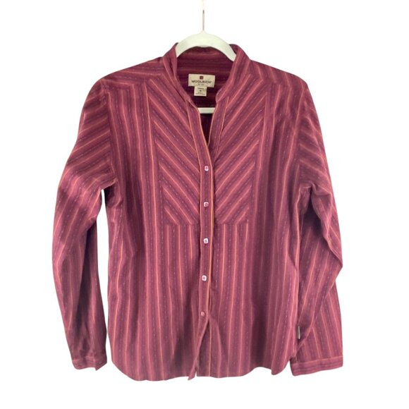 Woolrich Womens Petite Sz M Striped Button-Up Shirt Cotton Long Sleeve Burgundy - Picture 1 of 7